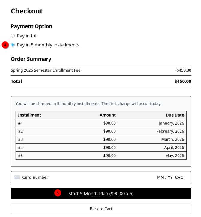 Shows final steps of setting up a payment plan.